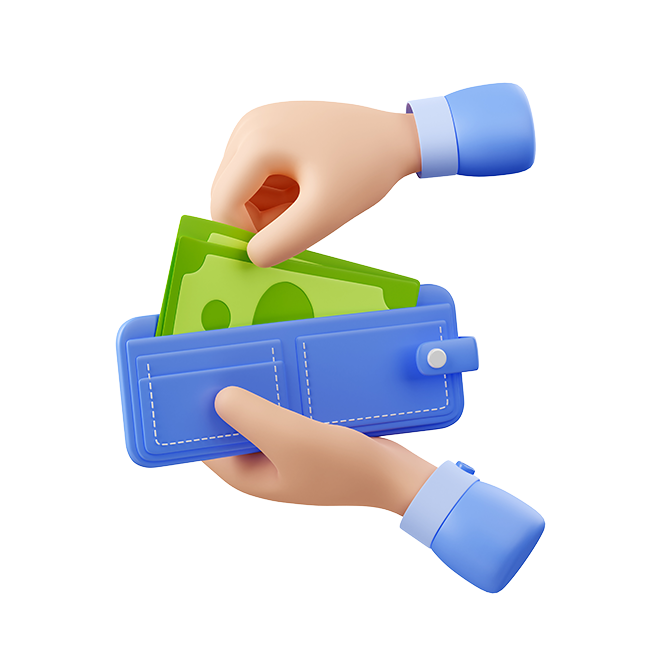 Blue wallet with money held by cartoonish hands on a white background