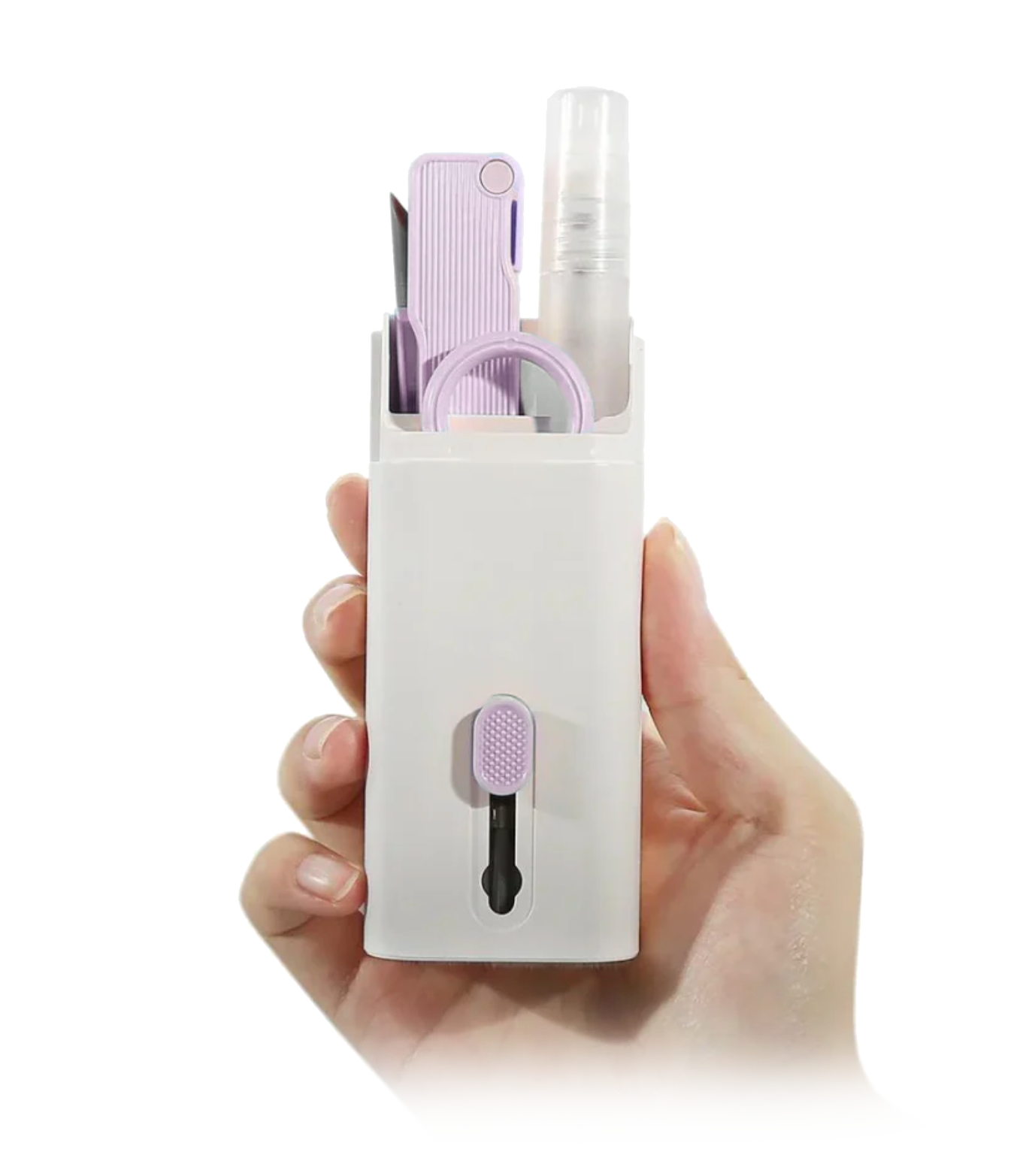 Hand holding a white travel-sized grooming kit with purple accents on a white background