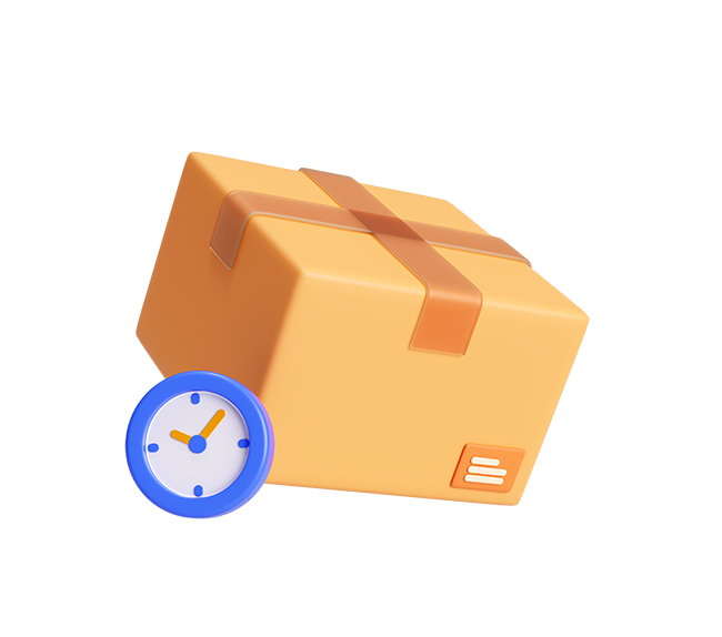 Orange package with a blue clock icon on a white background