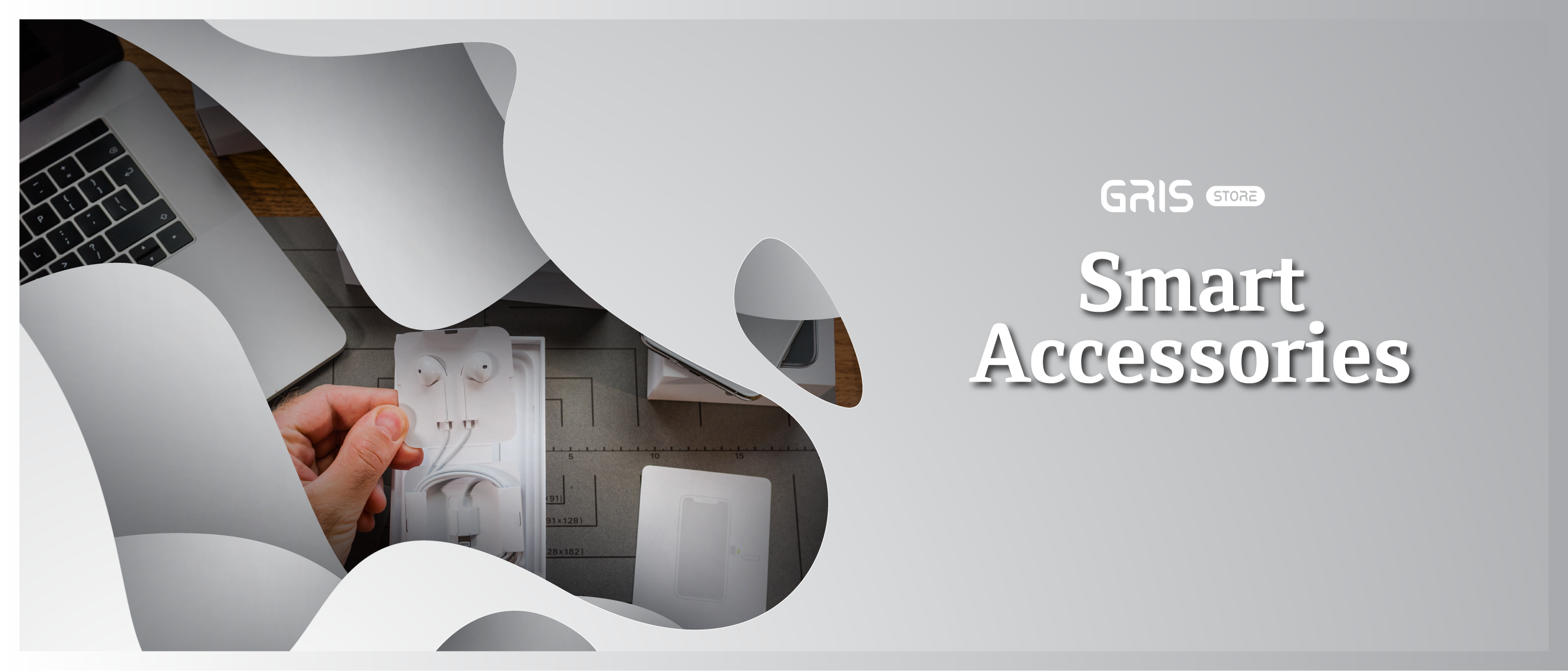 Smart accessories with a hand holding a device, set against a gray background with 'Grais' branding.