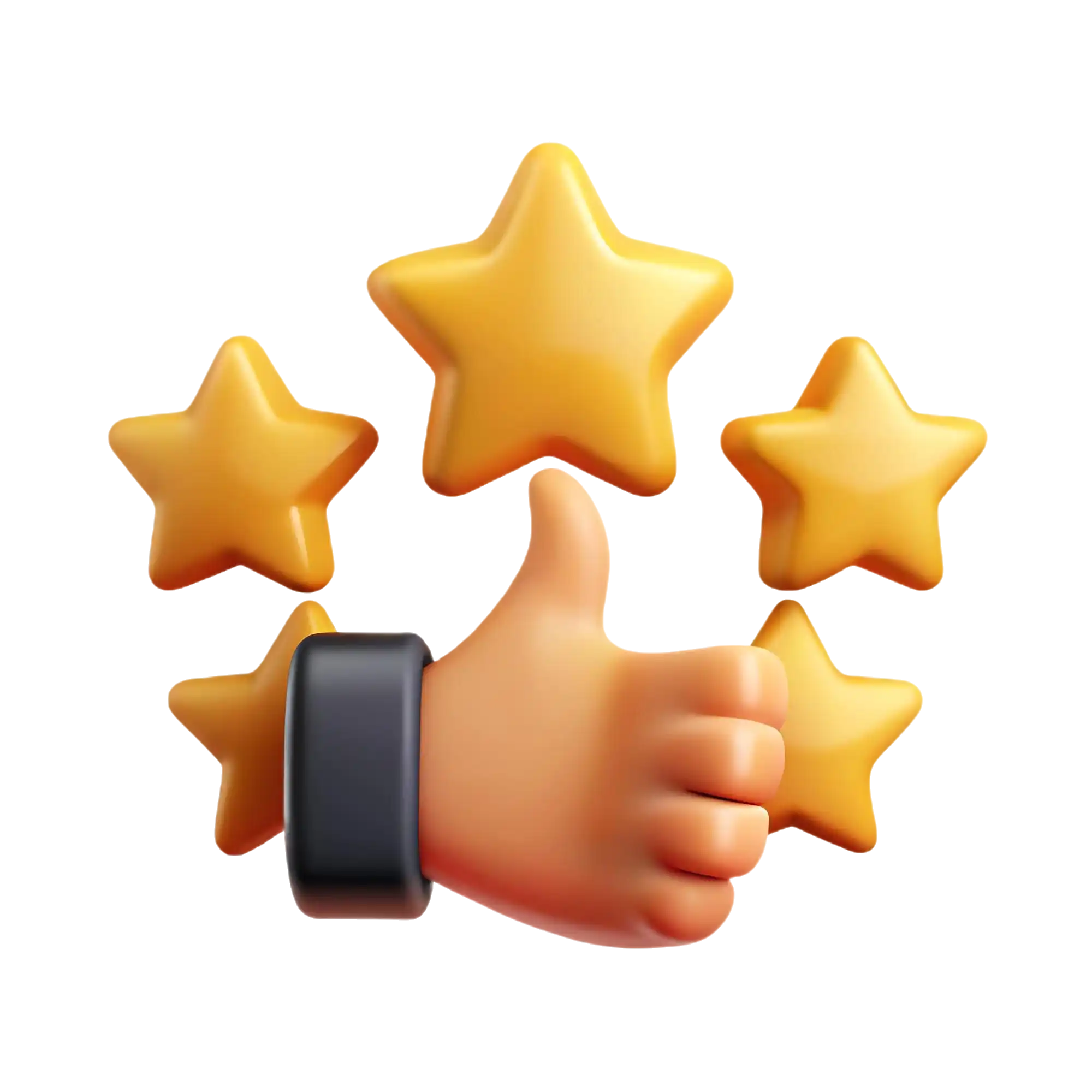 Hand with a black ring giving a thumbs up surrounded by five yellow stars on a white background