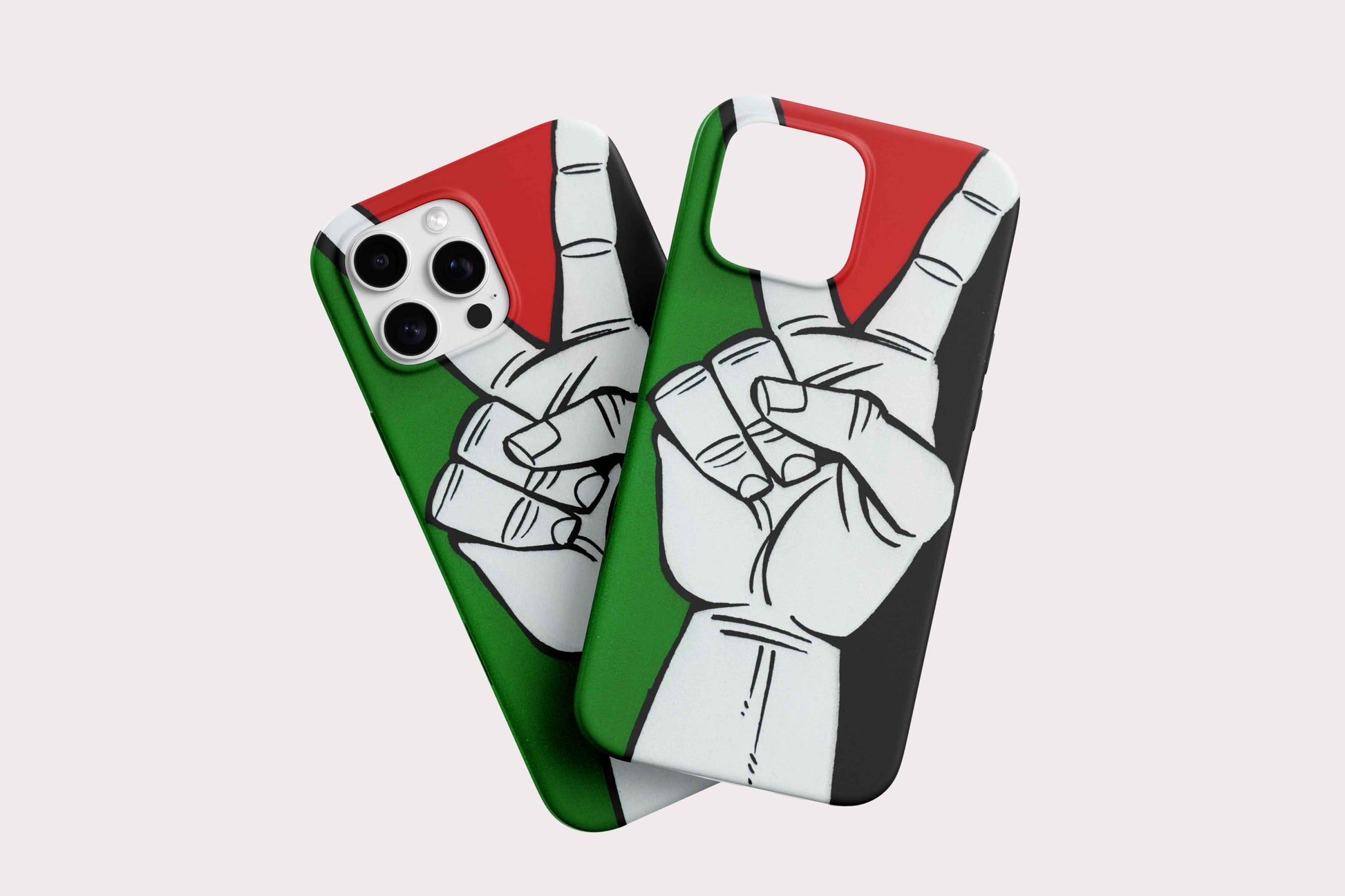 Phone case with white hands making a peace sign on a green, white, and red background