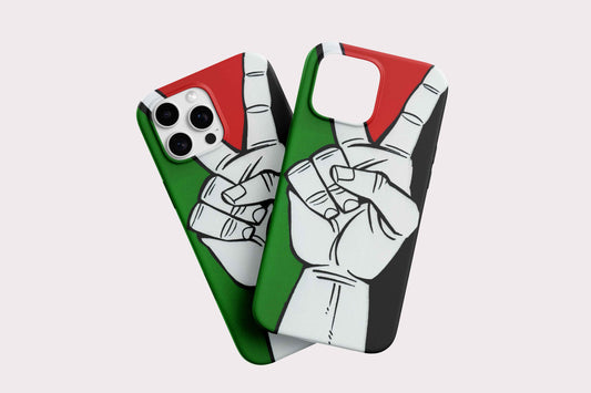 Phone case with white hands making a peace sign on a green, white, and red background